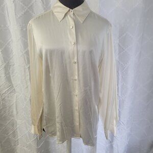 Amanda Smith Pure Silk Ivory Button-Up Blouse Womens L Long Sleeve